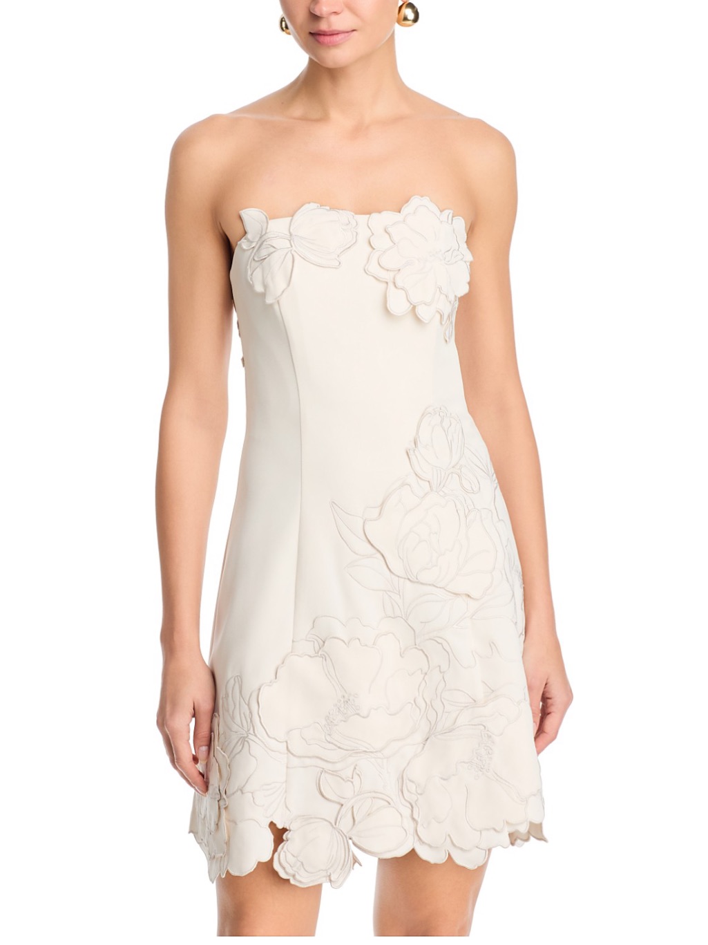 Nwt Leo Lin Ayla Strapless Floral Appliqu Mini Dress In Ivory